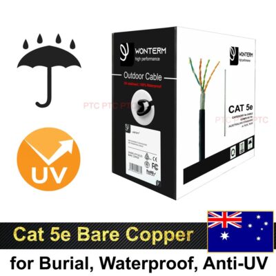 100m Cat5e outdoor   underground cable Solid Copper Core, gel filled waterproof, direct burial, anti-UV - PoE CCTV IP cameras, NBN modem networks, RCM