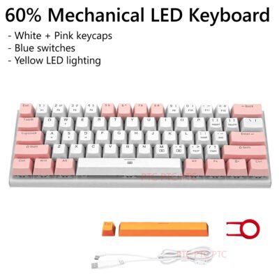 60% Compact 61 Keys True Mechanical Keyboard, Z11 LED Backlit Wired Keyboard,  Hot swappable Blue Switche, Full N-Key Rollover Anti-Ghosting, White Pink