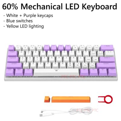 60% Compact 61 Keys True Mechanical Keyboard, Z11 LED Backlit Wired Keyboard,  Hot swappable Blue Switche, Full N-Key Rollover Anti-Ghosting, White Purple