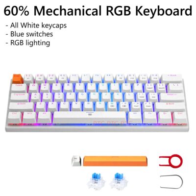 Z11 60% Compact True Mechanical Gaming Keyboard, RGB Backlit, Blue Switches, 61 Keys USB Type-C Wired White Keyboard For Mac Laptop PC PS4