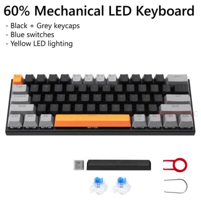 Z11 60% Compact Full Mechanical Keyboard, LED Backlit, Hot swappable Blue Switche, 61 Keys USB Wired keypad for Mac Laptop PC PS4, Black Grey