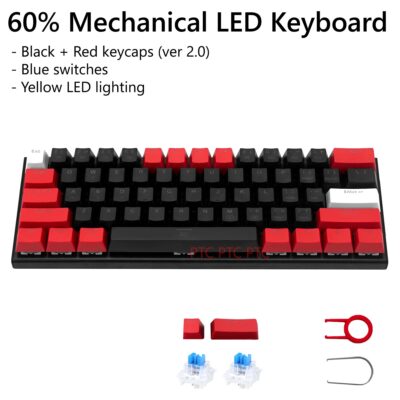 60% Compact 61 Keys True Mechanical Keyboard, Z11 LED Backlit USB Wired Keyboard,  Hot swappable Blue Switche, Full N-Key Rollover Anti-Ghosting, Black Red V2.0