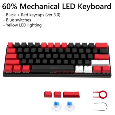 60% Compact 61 Keys True Mechanical Keyboard, Z11 LED Backlit USB Wired Keyboard,  Hot swappable Blue Switche, Full N-Key Rollover Anti-Ghosting, Black Red V3.0