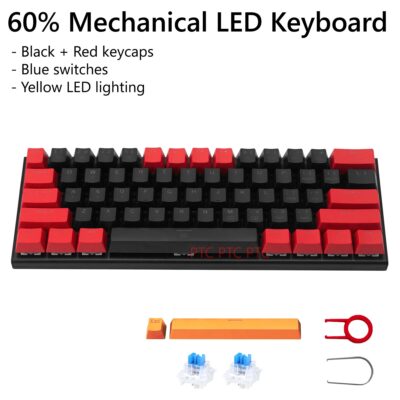 Z11 60% Compact Full Mechanical Keyboard, LED Backlit, Hot swappable Blue Switche, 61 Keys USB Wired keypad for Mac Laptop PC PS4, Black Red