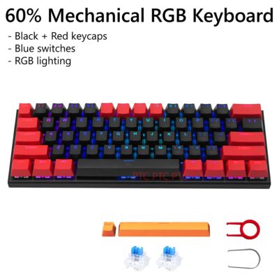 Z11 60% Compact True Mechanical Keyboard, RGB Backlit, Blue Switches, 61 Keys USB Type-C Wired Gaming Keyboard For Mac Laptop PC PS4, Black+Red keycaps