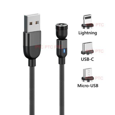 540 Magnetic Charging Cable, QC 3.0 Fast Phone Charger Cord, Data Sync Nylon Braided Lead, Type C /USB C/Micro USB /iPhone Charging Charger Cord, 0.5m Black