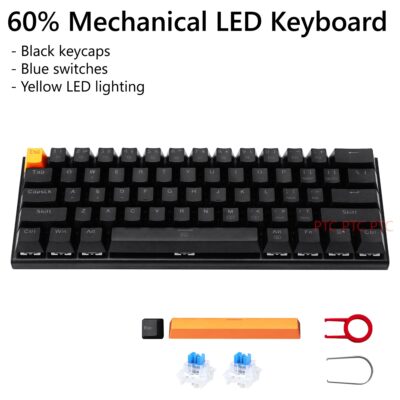 Z11 60% Compact Full Mechanical Keyboard, LED Backlit, Hot swappable Blue Switche, 61 Keys USB Wired keypad for Mac Laptop PC PS4, Black color