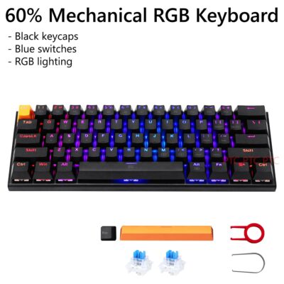 Z11 60% Compact True Mechanical Keyboard, RGB Backlit, Blue Switches, 61 Keys USB Type-C Wired Gaming Keyboard For Mac Laptop PC PS4, Black keyboard