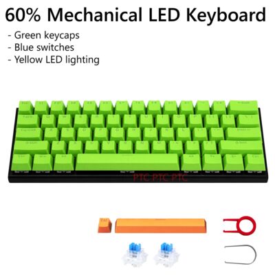 60% Compact 61 Keys True Mechanical Keyboard, Z11 LED Backlit USB Wired Keyboard,  Hot swappable Blue Switche, Full N-Key Rollover Anti-Ghosting, Green