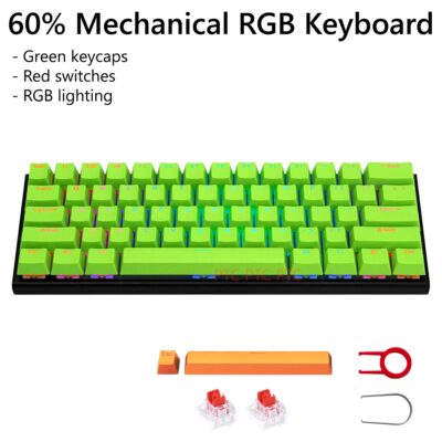 Z11 60% Compact True Mechanical Gaming Keyboard, RGB Backlit, Red Switches, 61 Keys USB Type-C Wired Keyboard For Mac Laptop PC PS4, Green keycaps