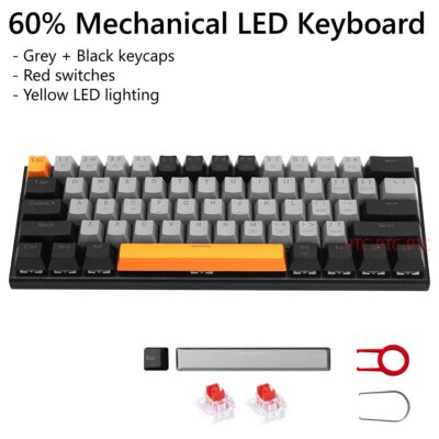 Z11 60% Compact Full Mechanical Keyboard, LED Backlit, Hot swappable Red Switche, 61 Keys USB Wired keypad for Mac Laptop PC PS4, Grey Black
