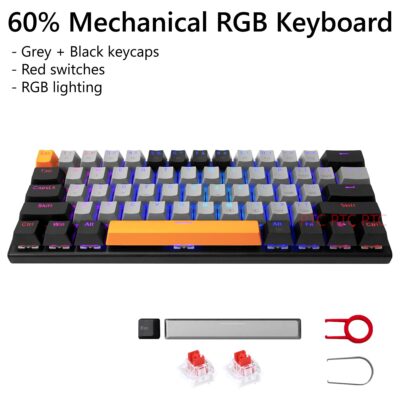 Z11 RGB LED Backlit Wired Mechanical Gaming Keyboard, Red Switches Aluminum Frame, Compact 61 Keys Anti-Ghosting Keyboard for Mac PC Computer (Grey+Black)
