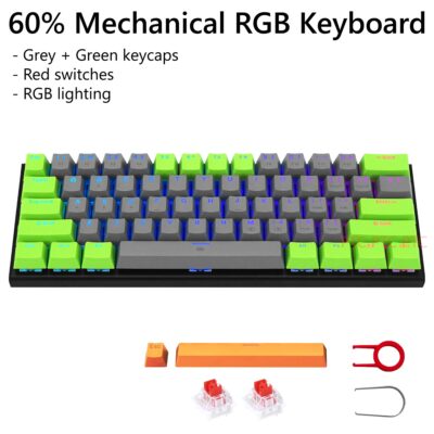 Z11 RGB LED Backlit Wired Mechanical Gaming Keyboard, Red Switches Aluminum Frame, Compact 61 Keys Anti-Ghosting Keyboard for Mac PC Computer (Grey+Green)