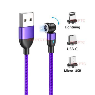 540 Magnetic Charging Cable, QC 3.0 Fast Phone Charger Cord, Data Sync Nylon Braided Lead, Type C /USB C/Micro USB /iPhone Charging Charger Cord, 0.5m purple