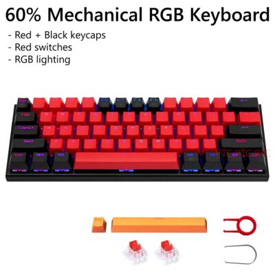 Z11 RGB LED Backlit Wired Mechanical Gaming Keyboard, Red Switches Aluminum Frame, Compact 61 Keys Anti-Ghosting Keyboard for Mac PC Computer (Red+Black)