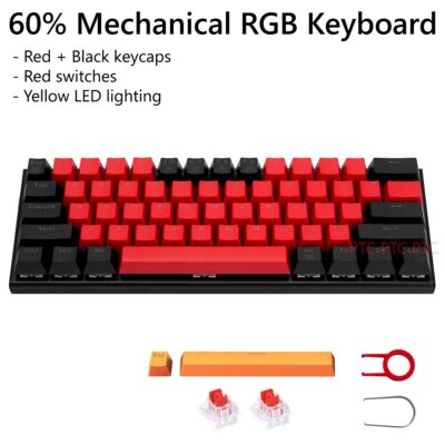 Z11 60% Compact Full Mechanical Keyboard, LED Backlit, Hot swappable Red Switche, 61 Keys USB Wired keypad for Mac Laptop PC PS4, Red Black