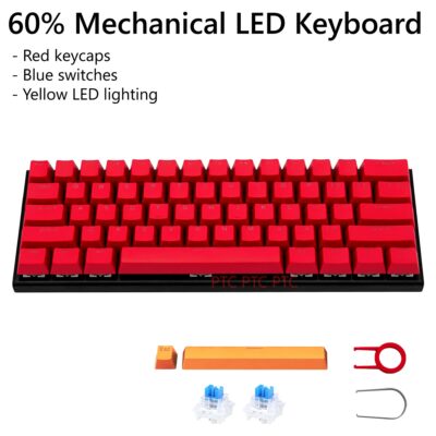 60% Compact 61 Keys True Mechanical Keyboard, Z11 LED Backlit USB Wired Keyboard,  Hot swappable Blue Switche, Full N-Key Rollover Anti-Ghosting, Red