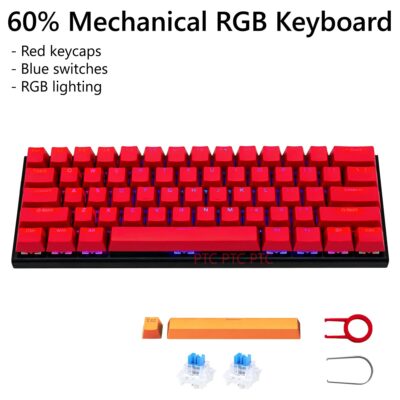 Z11 60% Compact True Mechanical Keyboard, RGB Backlit, Blue Switches, 61 Keys USB Type-C Wired Gaming Keyboard For Mac Laptop PC PS4, Red keycaps