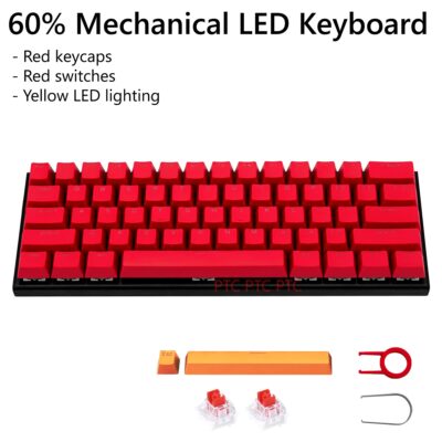 Z11 60% Compact Full Mechanical Keyboard, LED Backlit, Hot swappable Red Switche, 61 Keys USB Wired keypad for Mac Laptop PC PS4, Red keycaps