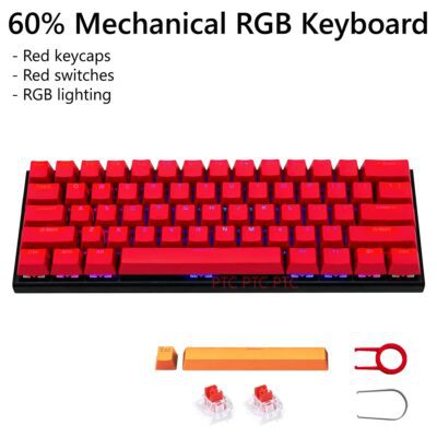 Z11 60% Compact True Mechanical Gaming Keyboard, RGB Backlit, Red Switches, 61 Keys USB Type-C Wired Keyboard For Mac Laptop PC PS4, Red keycaps