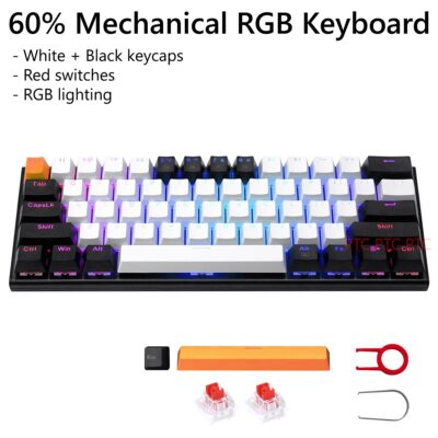 Z11 60% Compact True Mechanical Gaming Keyboard, RGB Backlit, Red Switches, 61 Keys USB Type-C Wired Keyboard For Mac Laptop PC PS4, White+Black keycaps