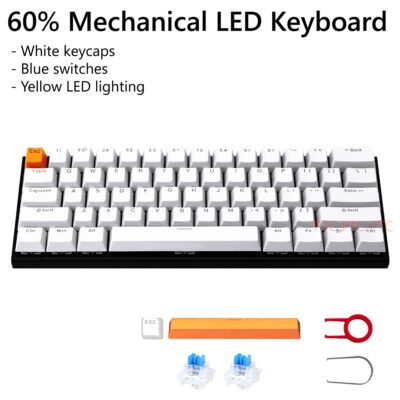 60% Compact 61 Keys True Mechanical Keyboard, Z11 LED Backlit USB Wired Keyboard,  Hot swappable Blue Switche, Full N-Key Rollover Anti-Ghosting, White
