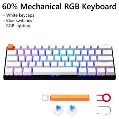 Z11 60% Compact True Mechanical Keyboard, RGB Backlit, Blue Switches, 61 Keys USB Type-C Wired Gaming Keyboard For Mac Laptop PC PS4, White keycaps
