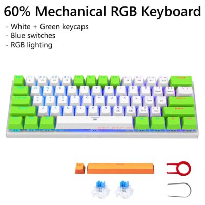 Z11 60% Compact True Mechanical Gaming Keyboard, RGB Backlit, Blue Switches, 61 Keys USB Type-C Wired Keyboard For Mac Laptop PC PS4, White+ Green keycaps