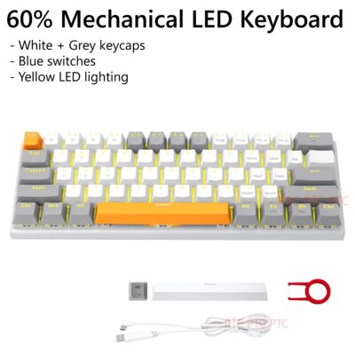 60% Compact 61 Keys True Mechanical Keyboard, Z11 LED Backlit Wired Keyboard,  Hot swappable Blue Switche, Full N-Key Rollover Anti-Ghosting, White Grey