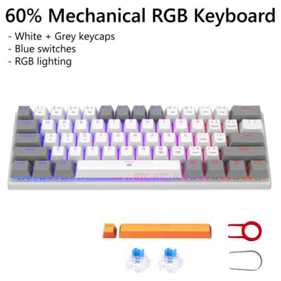 Z11 RGB LED Backlit Wired Mechanical Gaming Keyboard, Blue Switches Aluminum Frame, Compact 61 Keys Anti-Ghosting Keyboard for Mac PC Computer White/ Grey