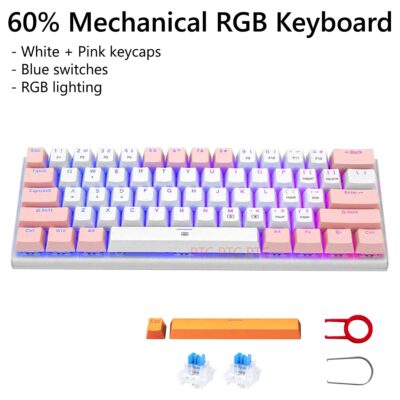 Z11 RGB LED Backlit Wired Mechanical Gaming Keyboard, Blue Switches Aluminum Frame, Compact 61 Keys Anti-Ghosting Keyboard for Mac PC Computer White/ pink