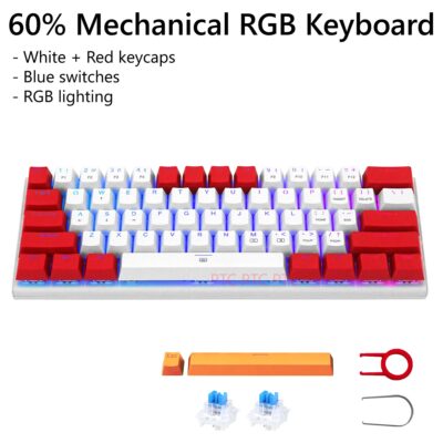 Z11 RGB LED Backlit Wired Mechanical Gaming Keyboard, Blue Switches Aluminum Frame, Compact 61 Keys Anti-Ghosting Keyboard for Mac PC Computer, Red