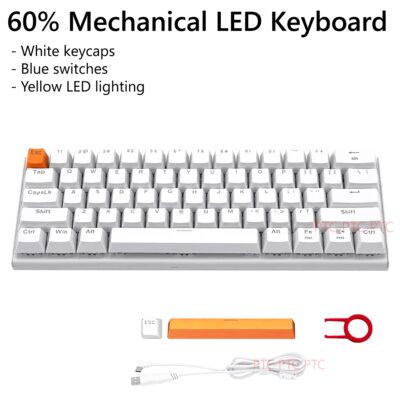 Z11 60% Compact Full Mechanical Keyboard, LED Backlit, Hot swappable Blue Switche, 61 Keys USB Wired White keypad for Mac Laptop PC PS4